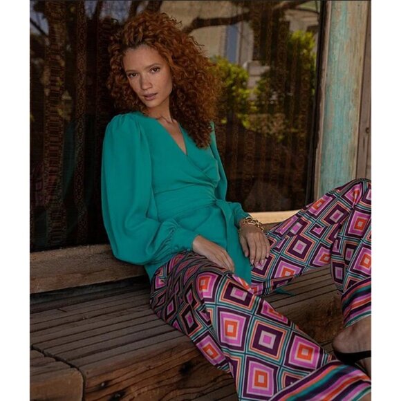 💕TRINA TURK💕 Bay Pant ~ Brookhaven Blocks Satin Georgette Medium NWOT - Picture 4 of 16